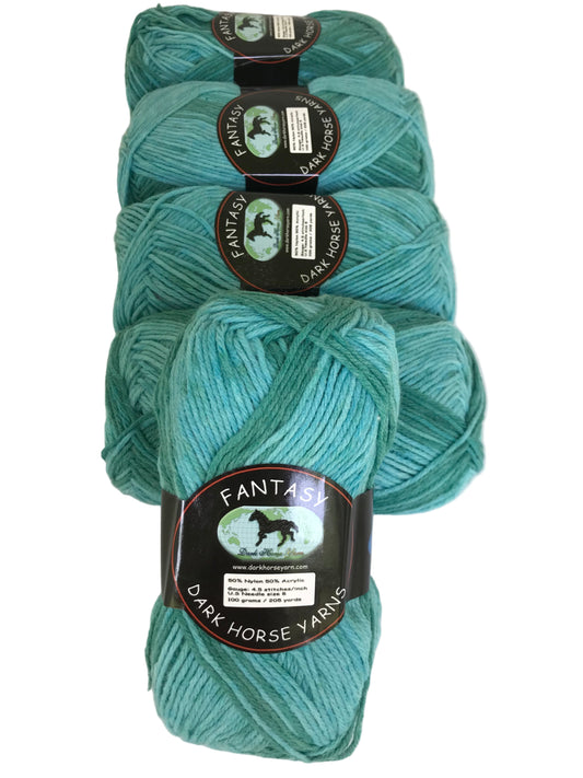 Four skeins of teal yarn with 'Dark Horse Yarns' labels on a white background