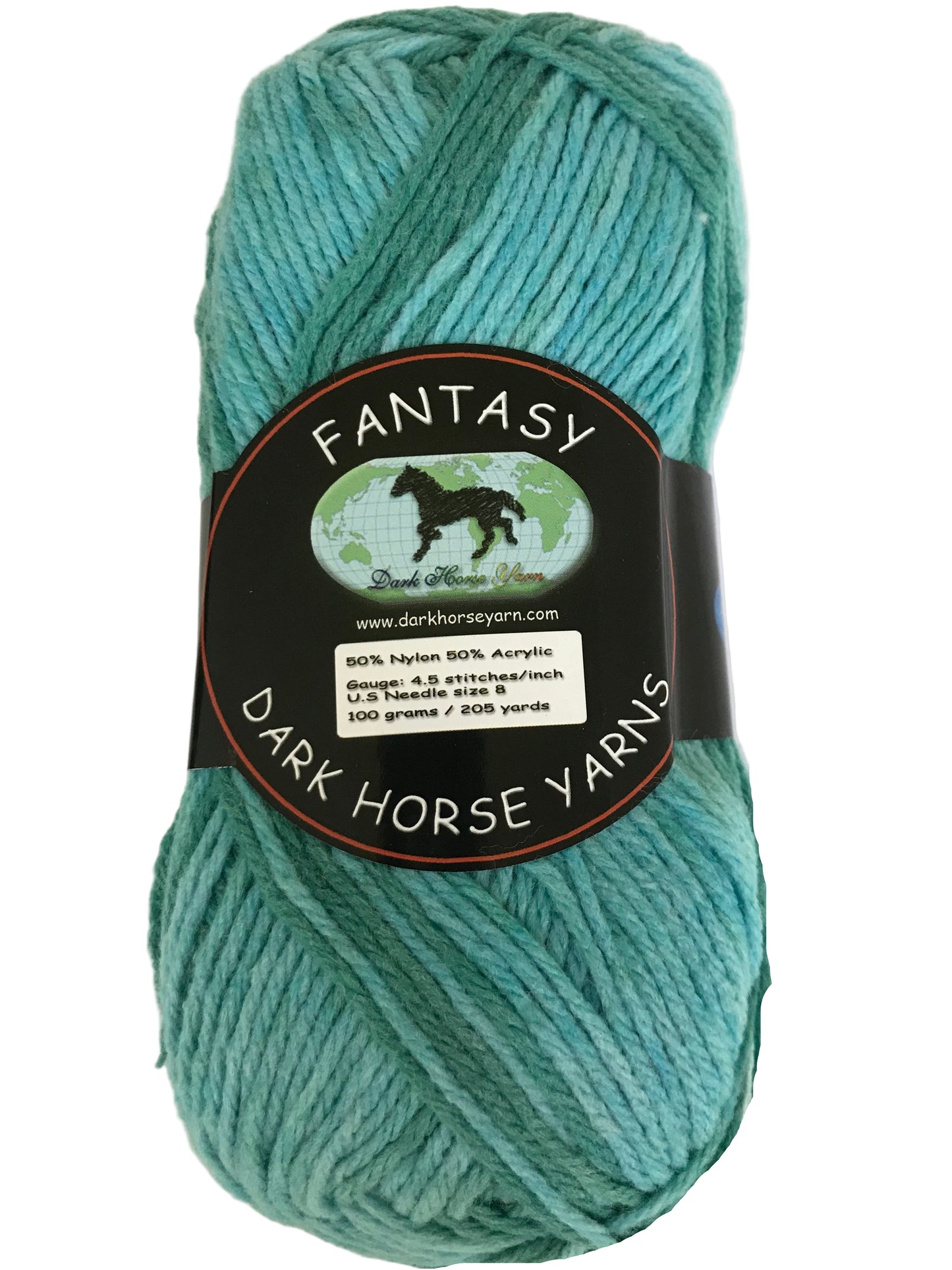 Turquoise skein of yarn with a label from Dark Horse Yarns on a white background