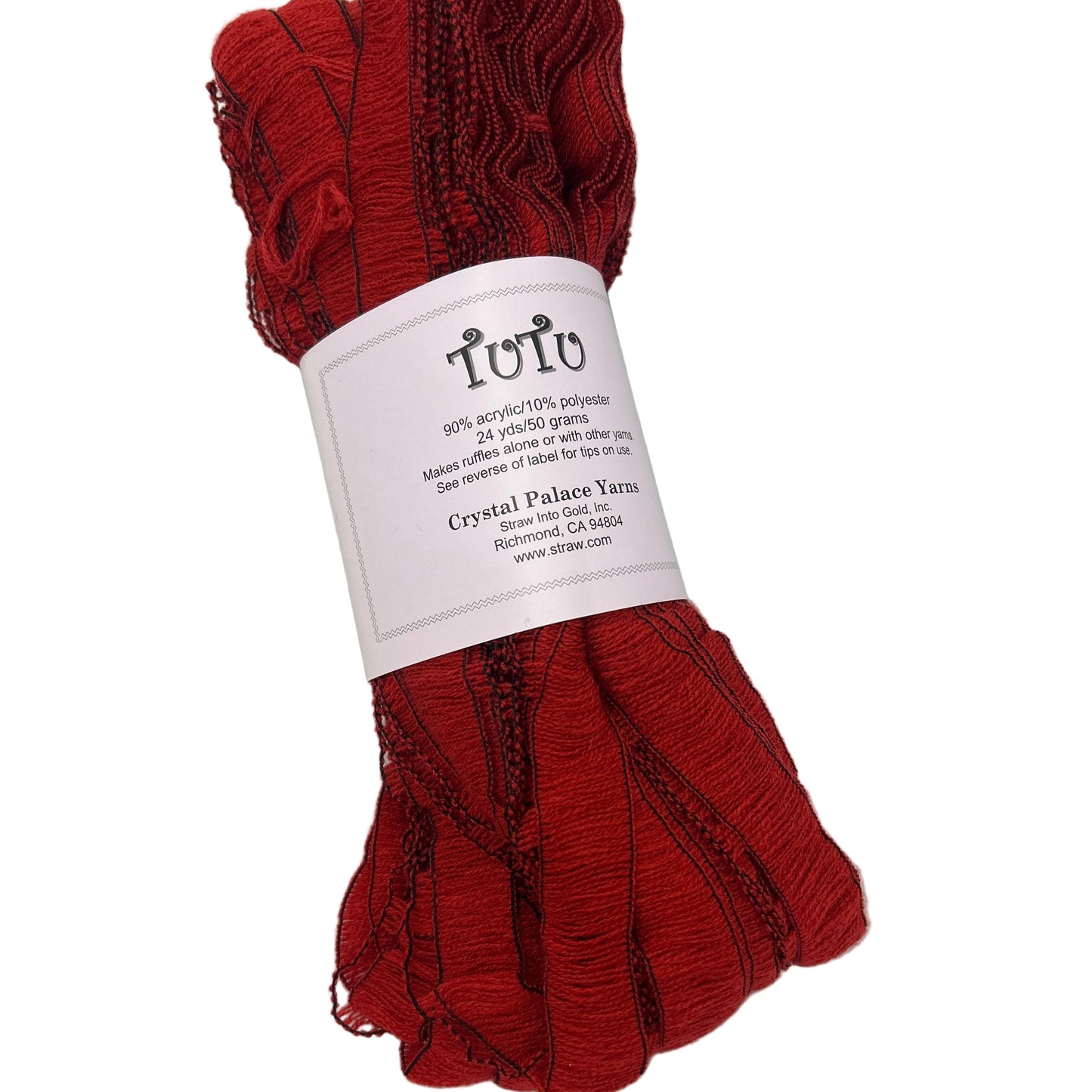 Red yarn skein with a white label on a white background