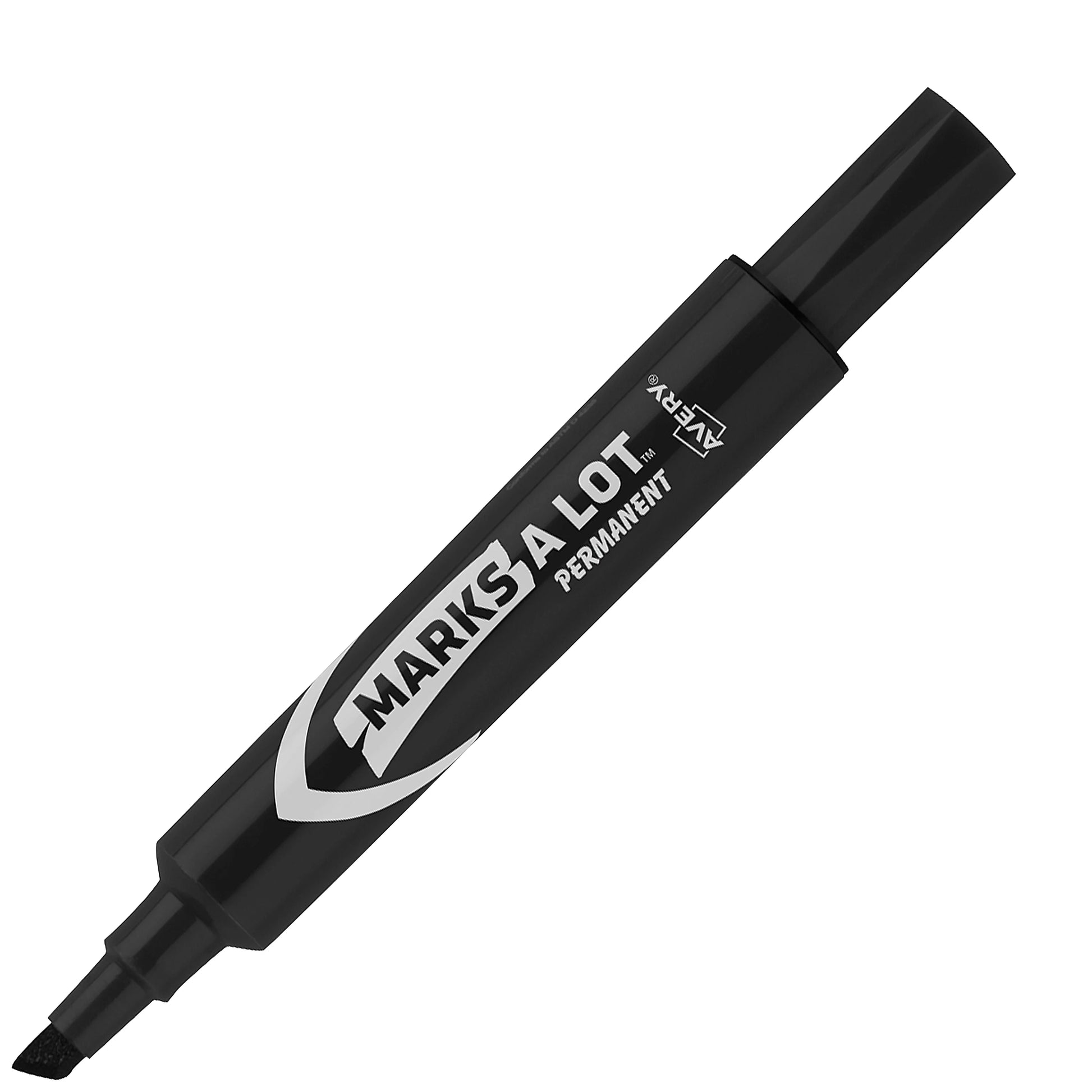 Black permanent marker with 'Marks a Lot' branding on a white background