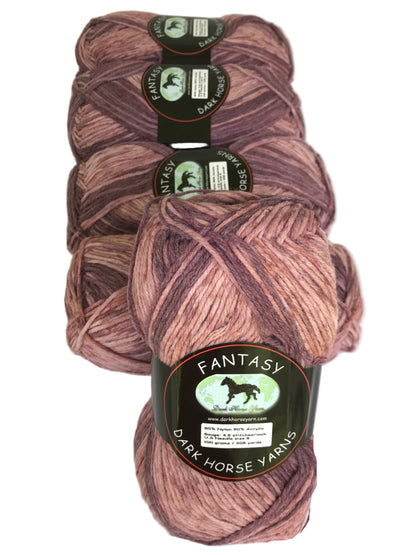 Five skeins of purple yarn with 'Fantasy' label on a white background