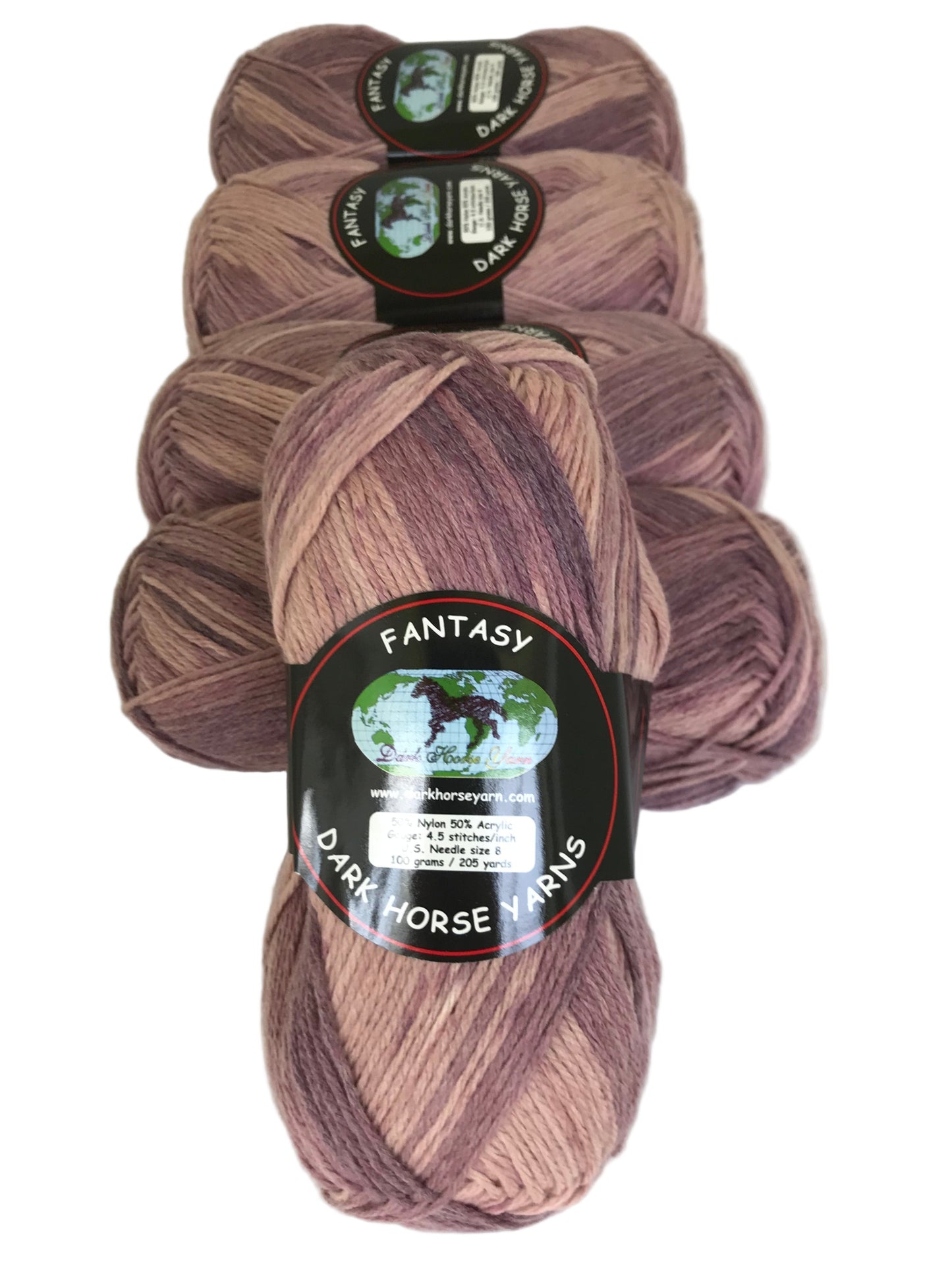 Three skeins of yarn with a label on a white background