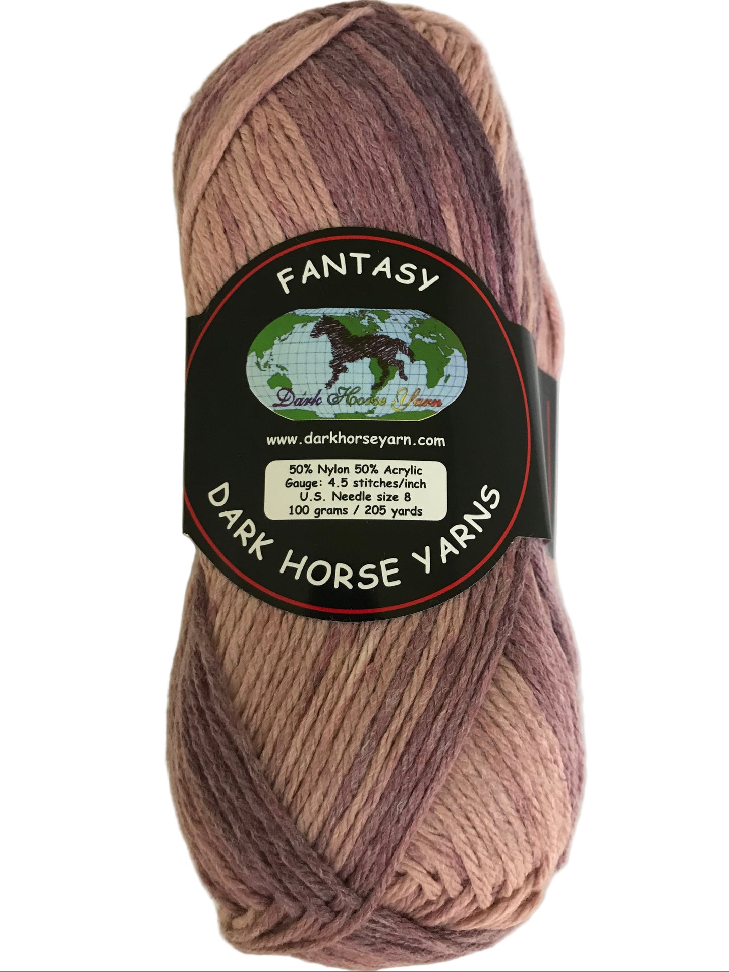 Ball of yarn with a Dark Horse Yarns label on a white background