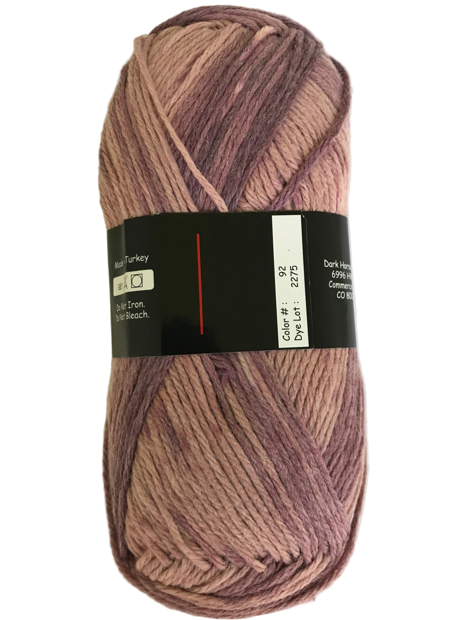 Multicolored skein of yarn with a label on a white background