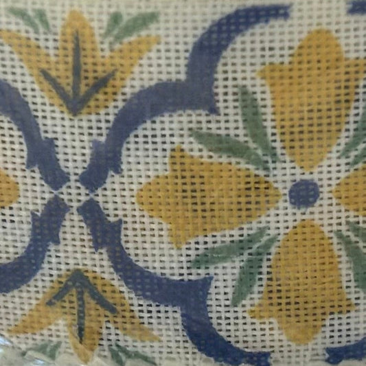 Floral pattern with yellow flowers and blue leaves on a white background