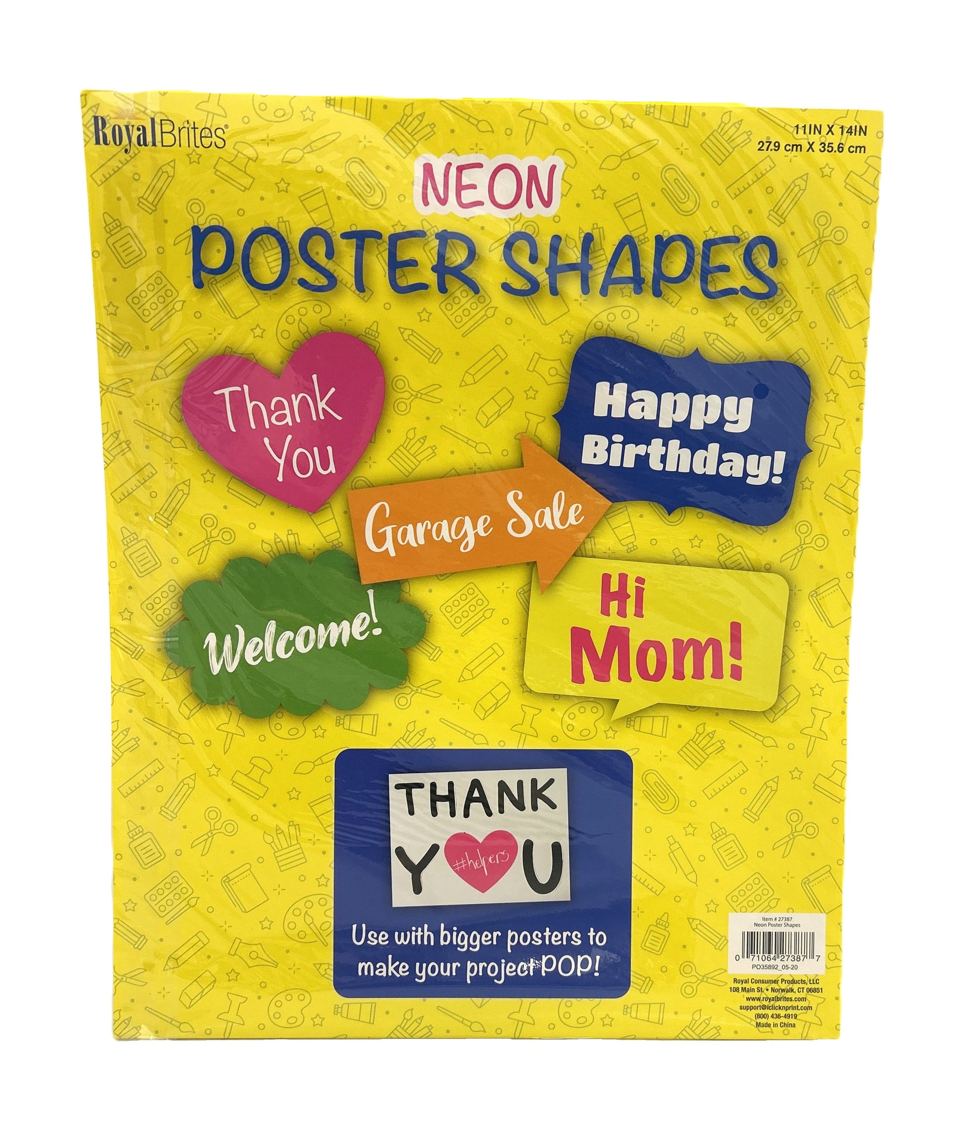 Neon poster shapes packaging with colorful shapes and text on a yellow background