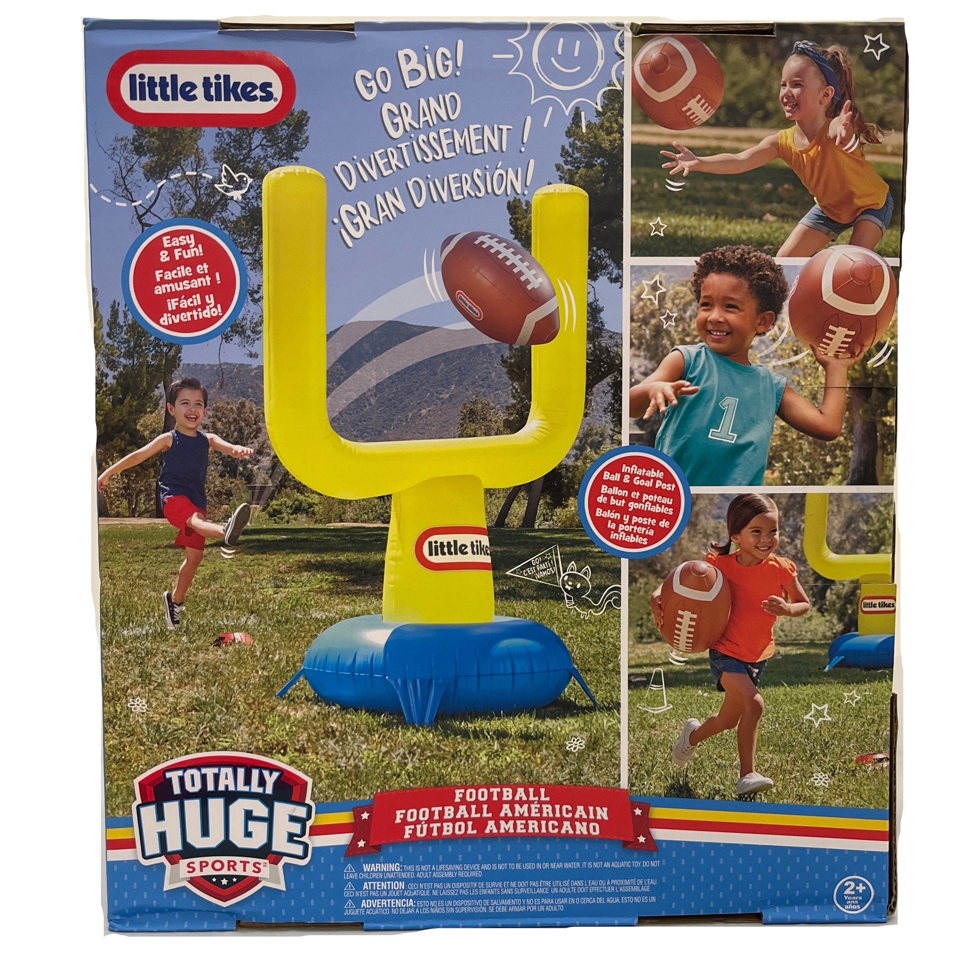 Little Tikes inflatable football field toy packaging with images of children playing.