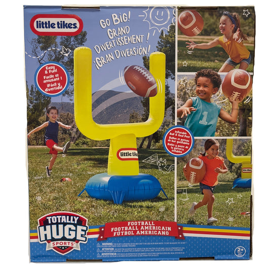 Little Tikes inflatable football field toy packaging with images of children playing.