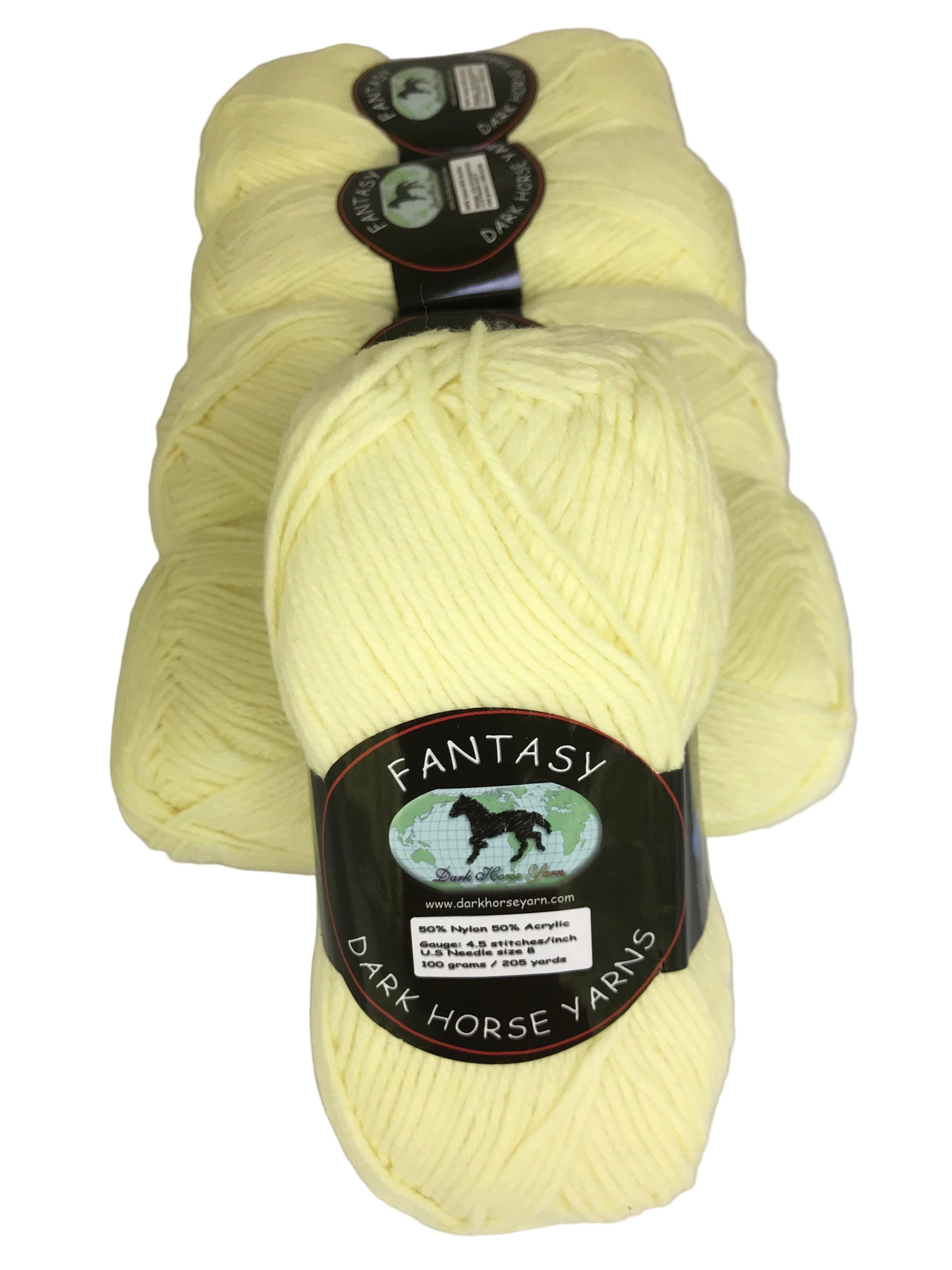 Three skeins of light yellow yarn with 'Dark Horse Yarns' labels on a white background
