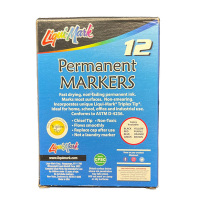 Box of Liquid Mark permanent markers with blue and yellow design on a white background