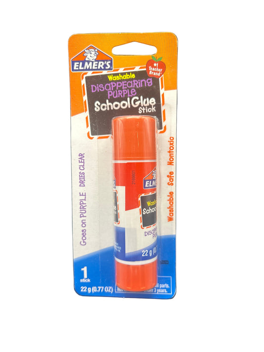 Elmer's Disappearing Purple School Glue Stick packaging on a black background
