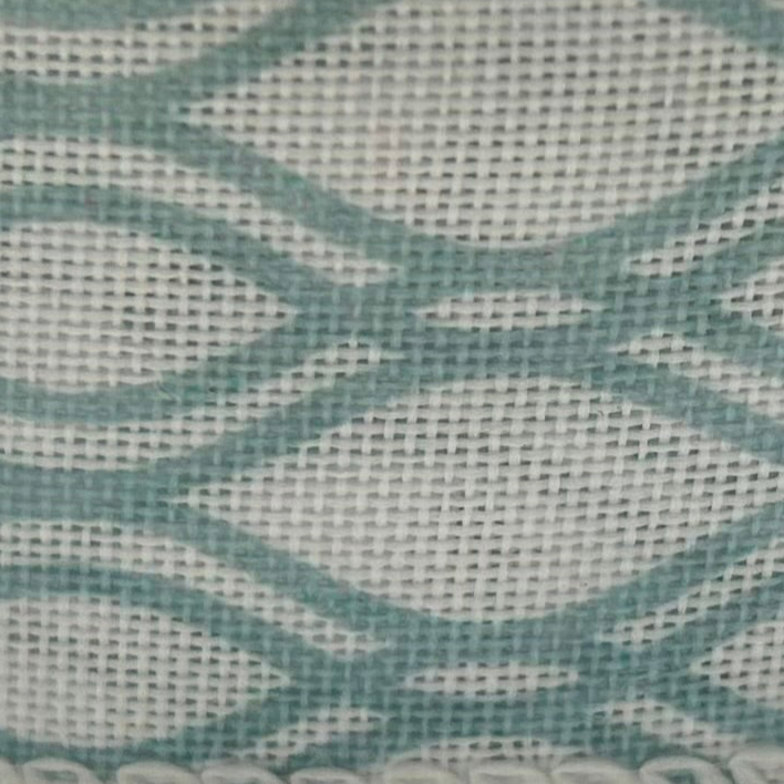 Close-up of a textured fabric with wavy pattern in teal and gray.