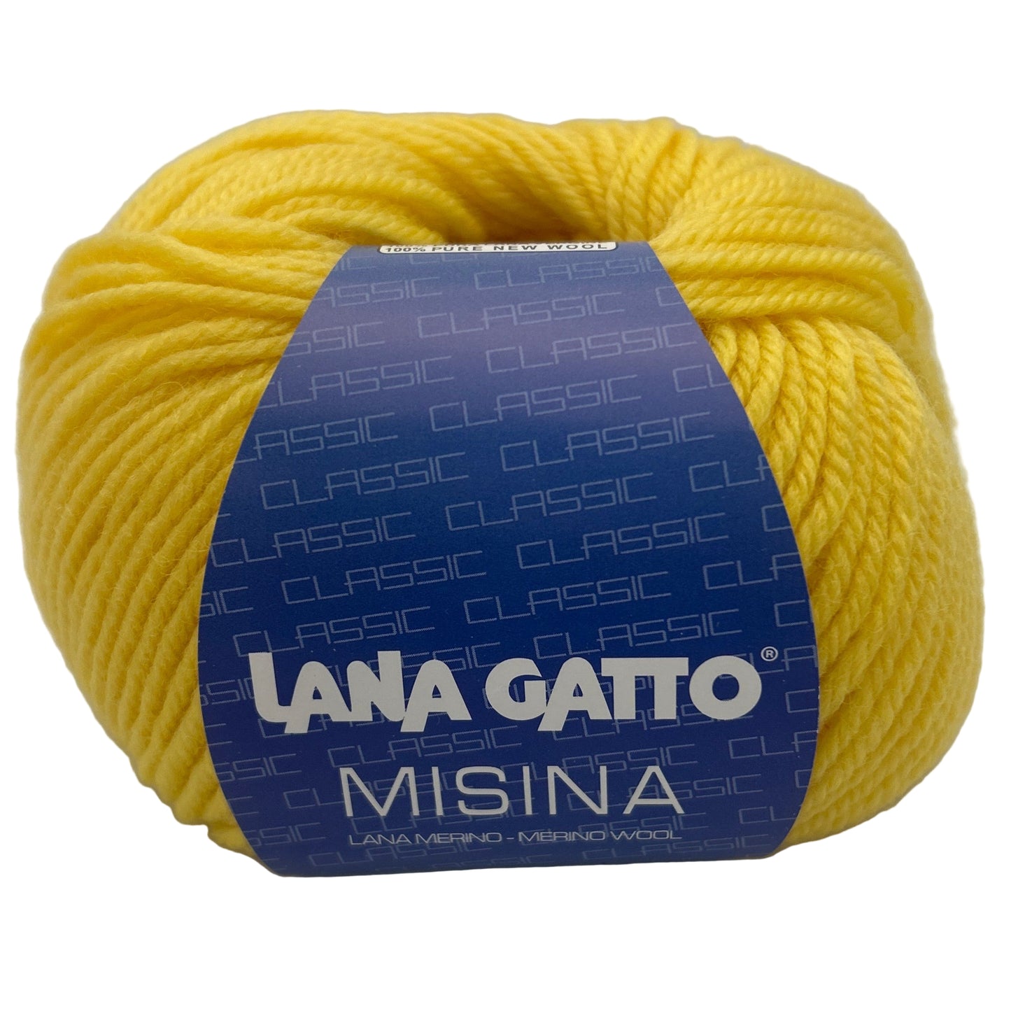 Yellow yarn ball with a blue label featuring 'Lana Gatto' on a white background