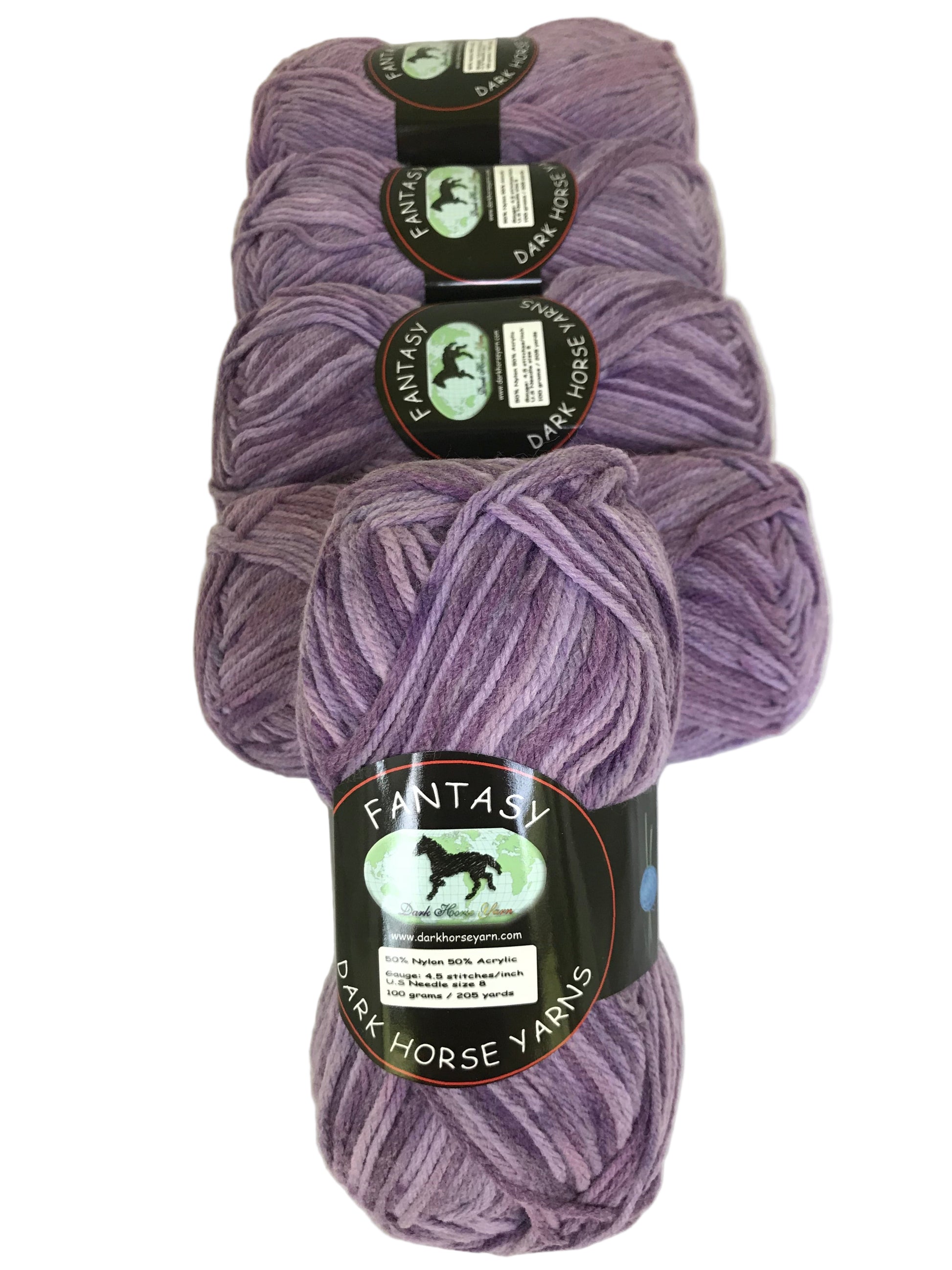 Three skeins of purple yarn with labels on a white background