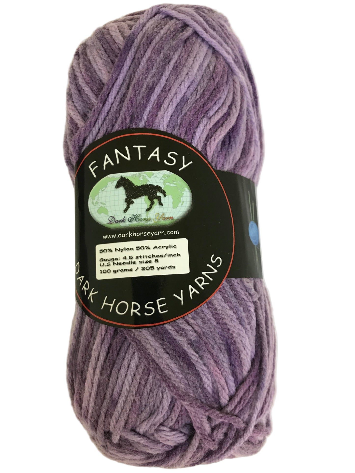 Purple yarn ball with a label on a white background