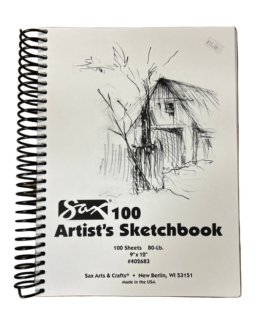 Sax Artist's Sketchbook with a black and white drawing of a barn on the cover