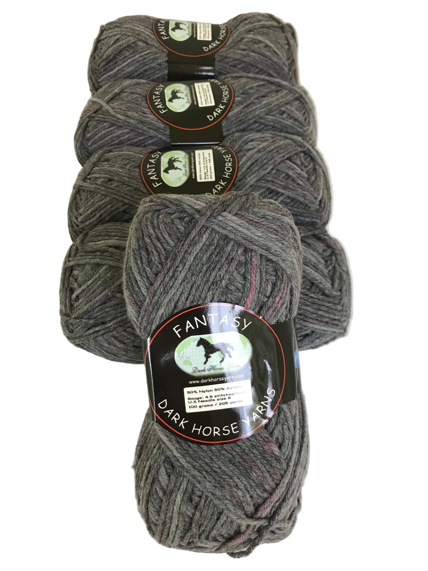 Four balls of dark gray yarn with labels on a white background