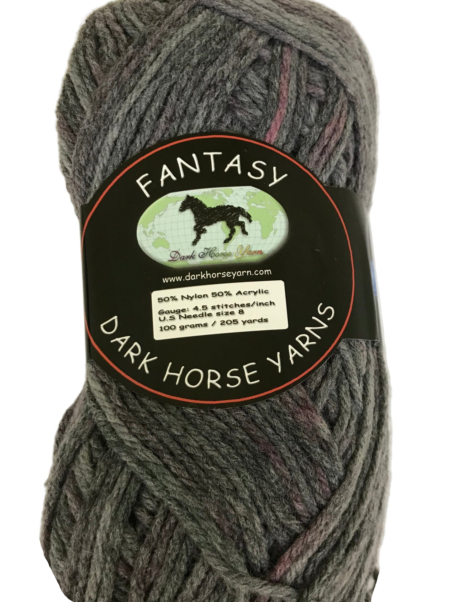 Ball of gray yarn with a 'Dark Horse Yarns' label on a white background