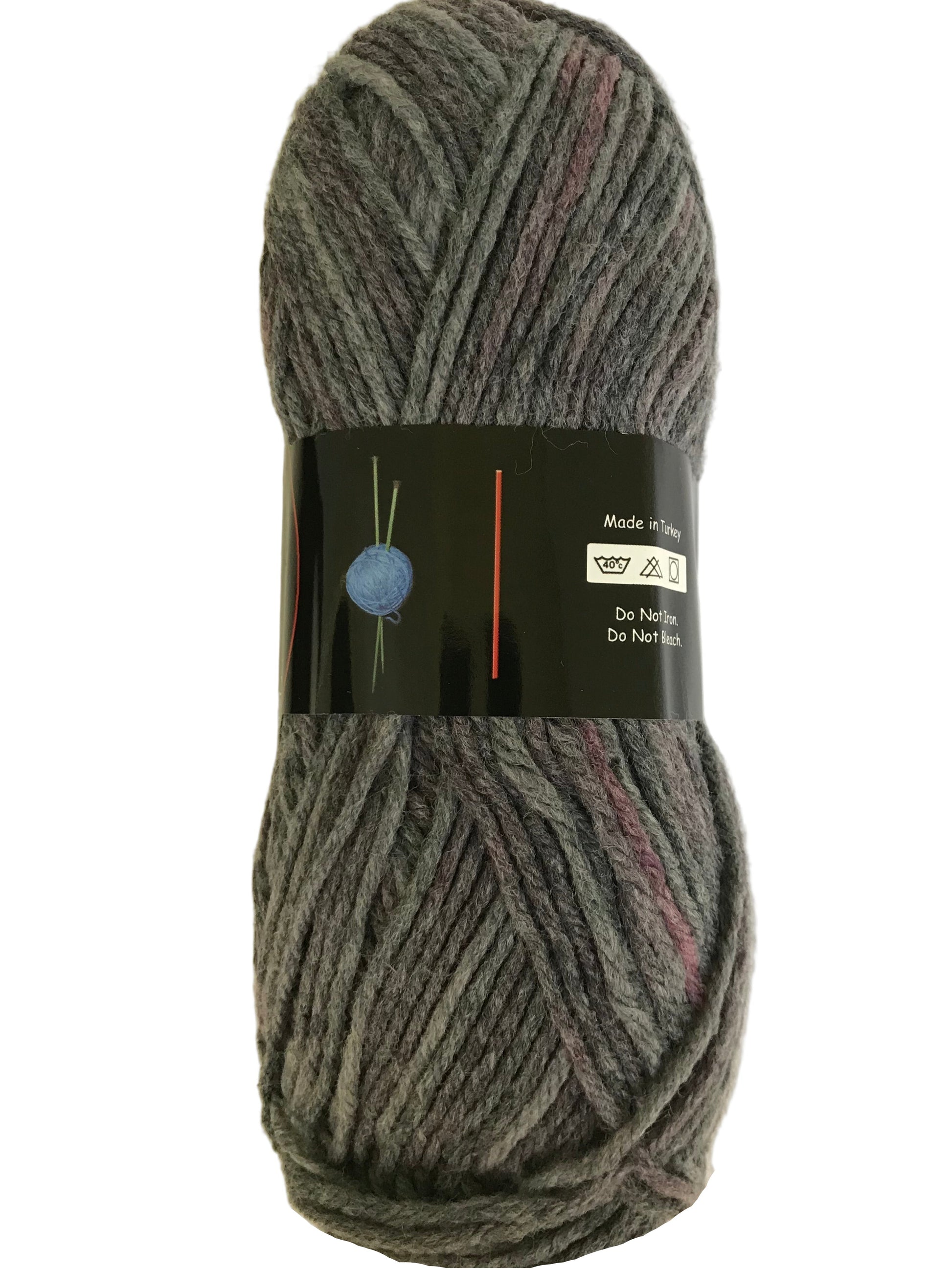 Gray skein of yarn with a label on a white background
