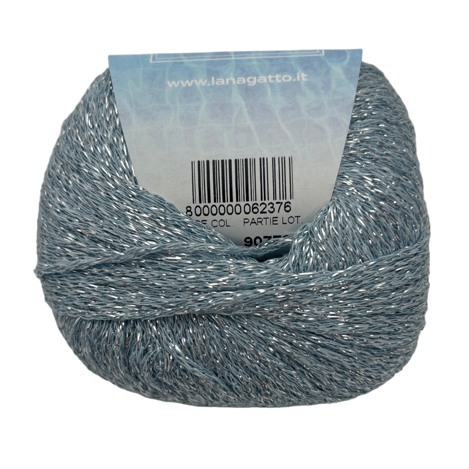 Ball of yarn with a label on a light gray background