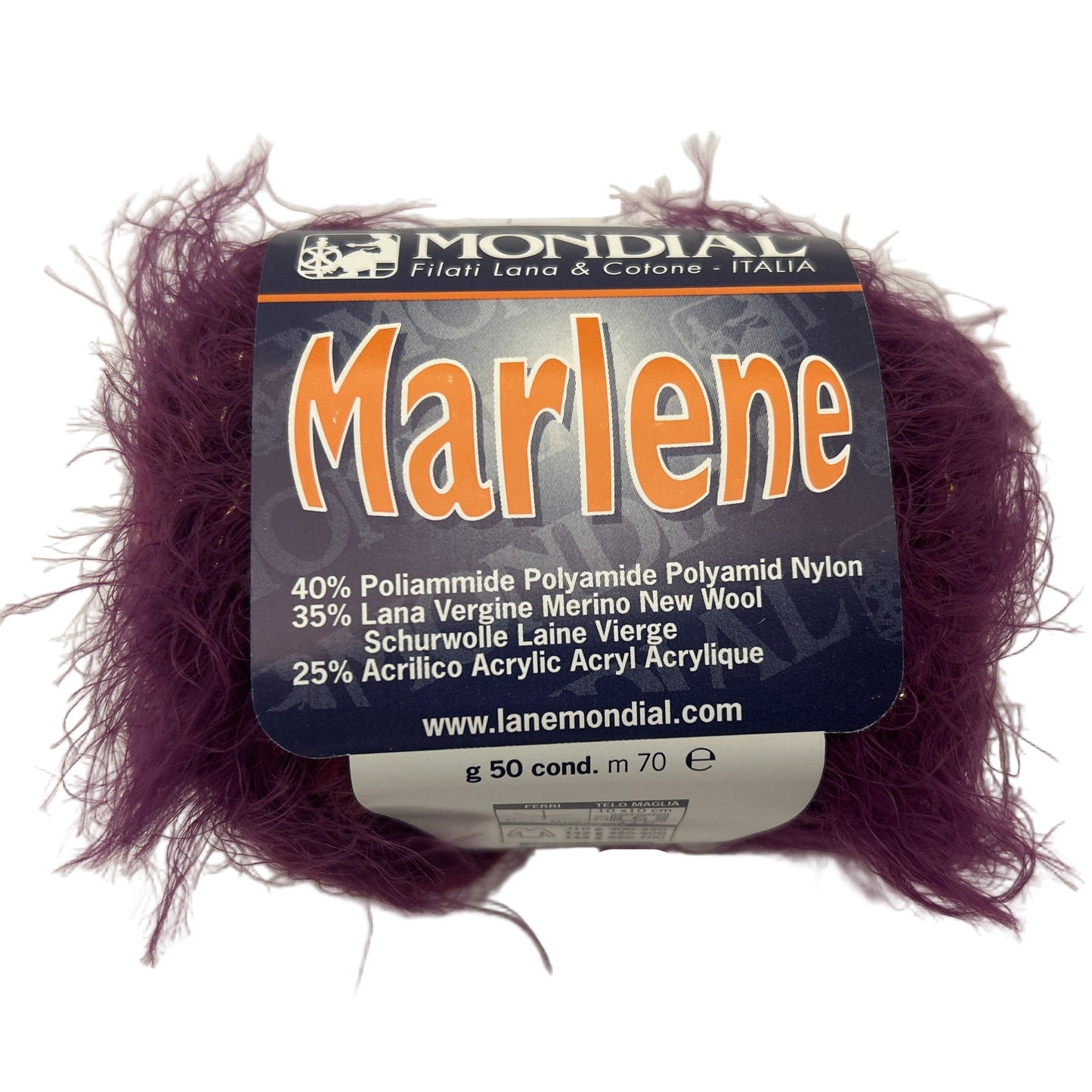 Purple yarn ball with 'Mondial' label on a white background