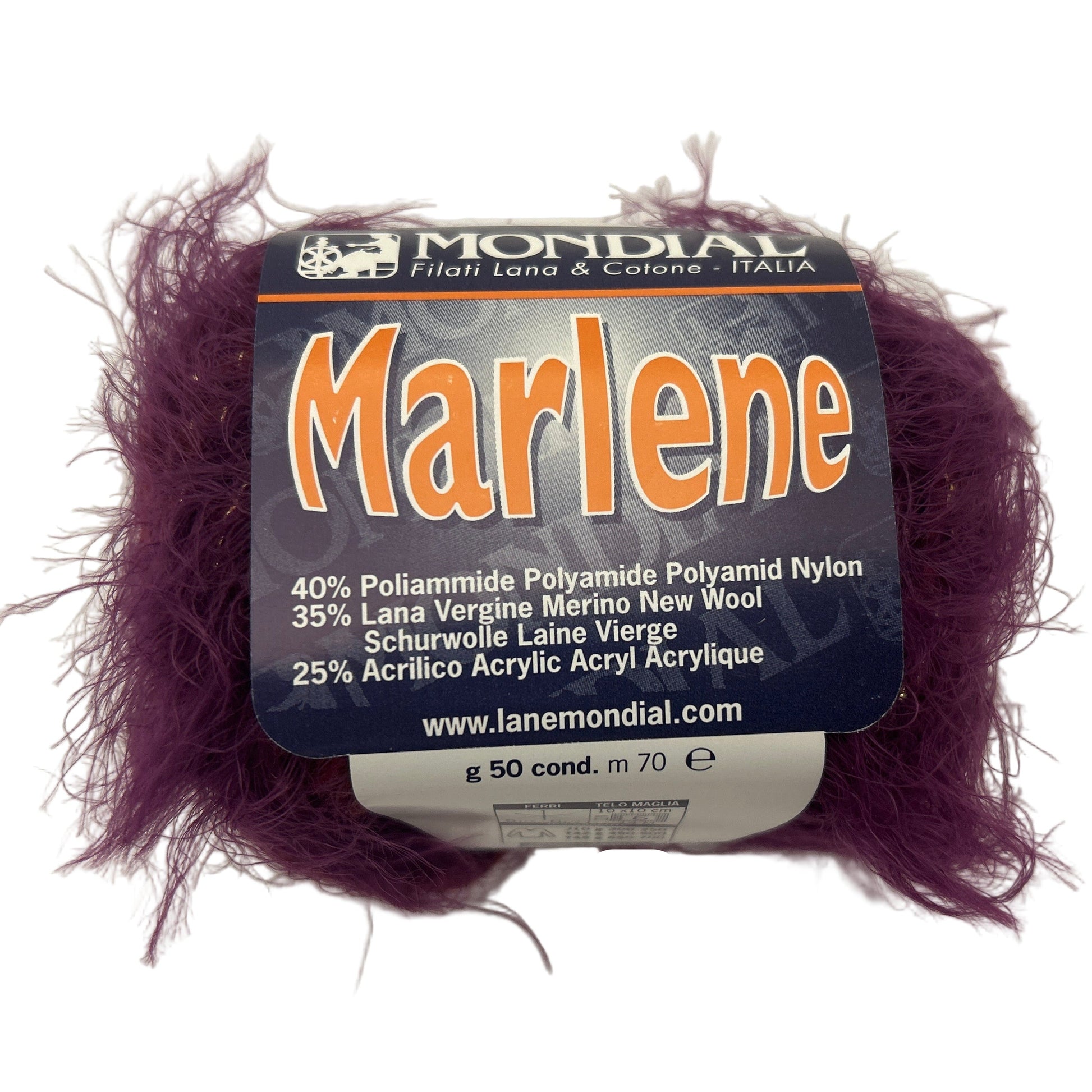 Purple yarn ball with 'Mondial' label on a white background