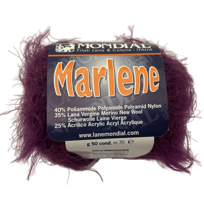Purple yarn ball with 'Mondial' label on a white background
