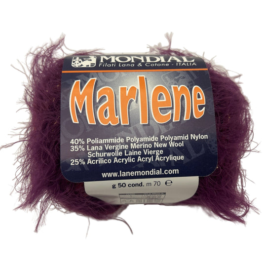 Purple yarn ball with 'Mondial' label on a white background