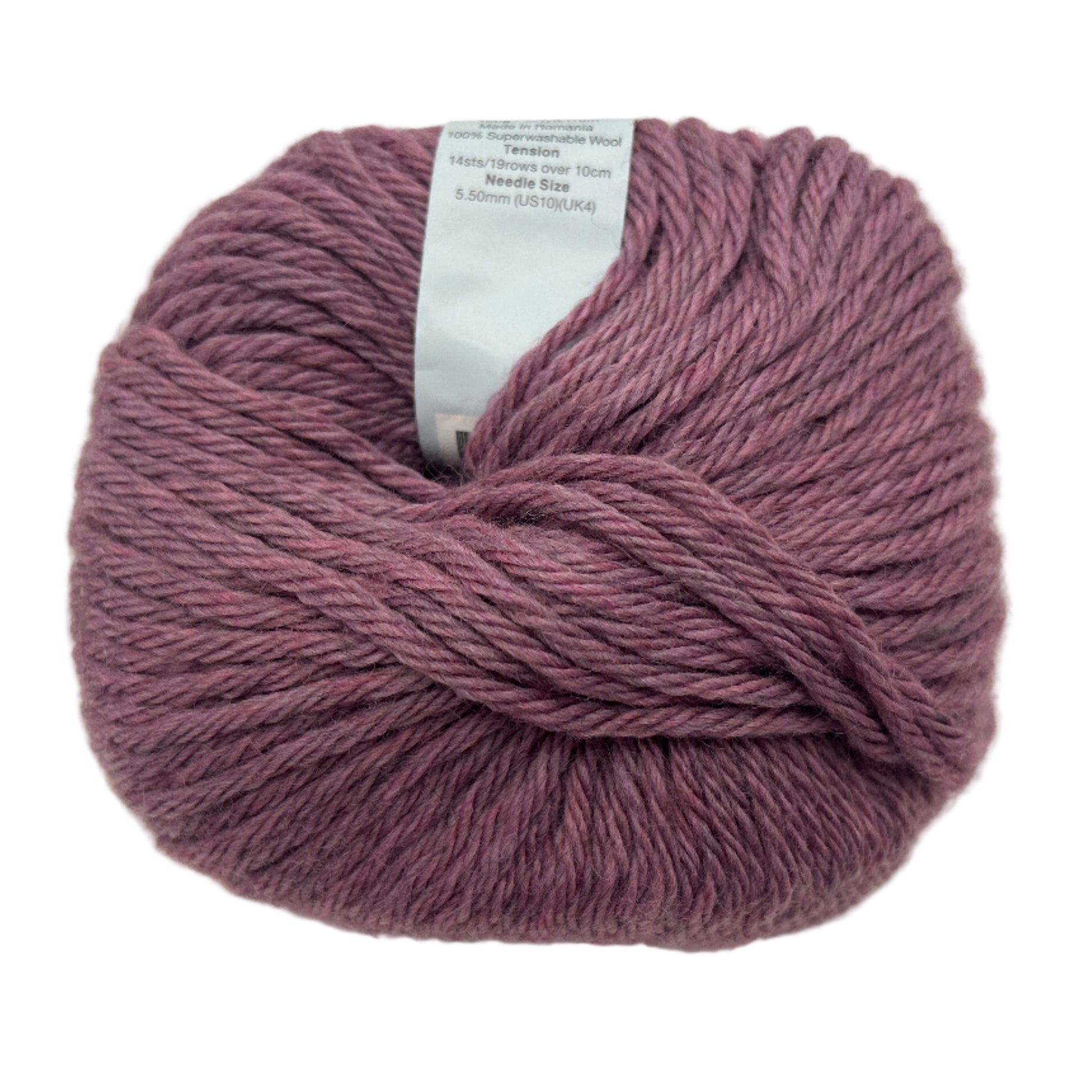 Ball of purple yarn with a label on a white background