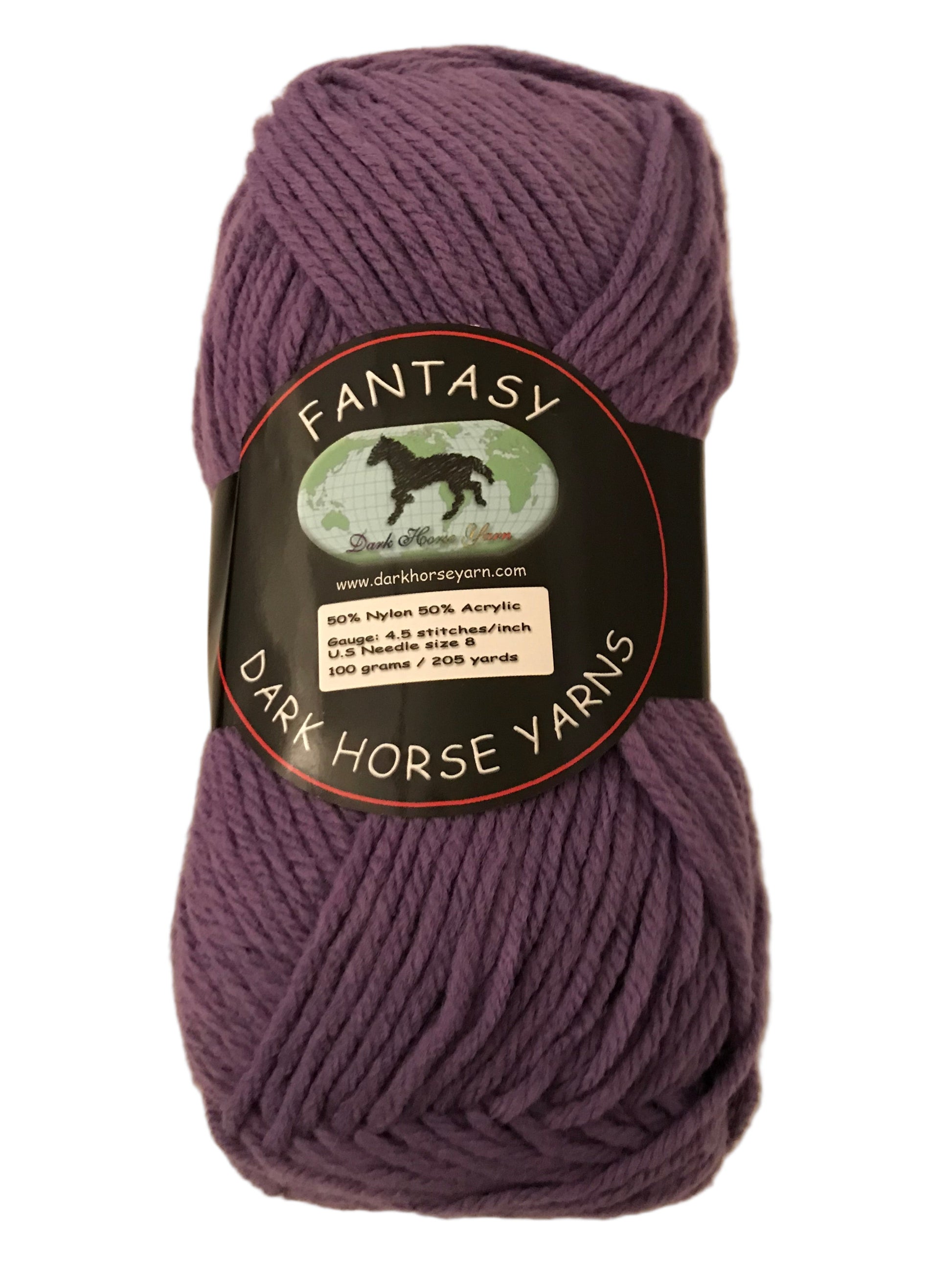 Purple yarn ball with a 'Dark Horse Yarns' label on a white background