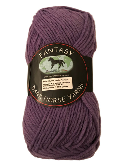 Purple yarn ball with a 'Dark Horse Yarns' label on a white background