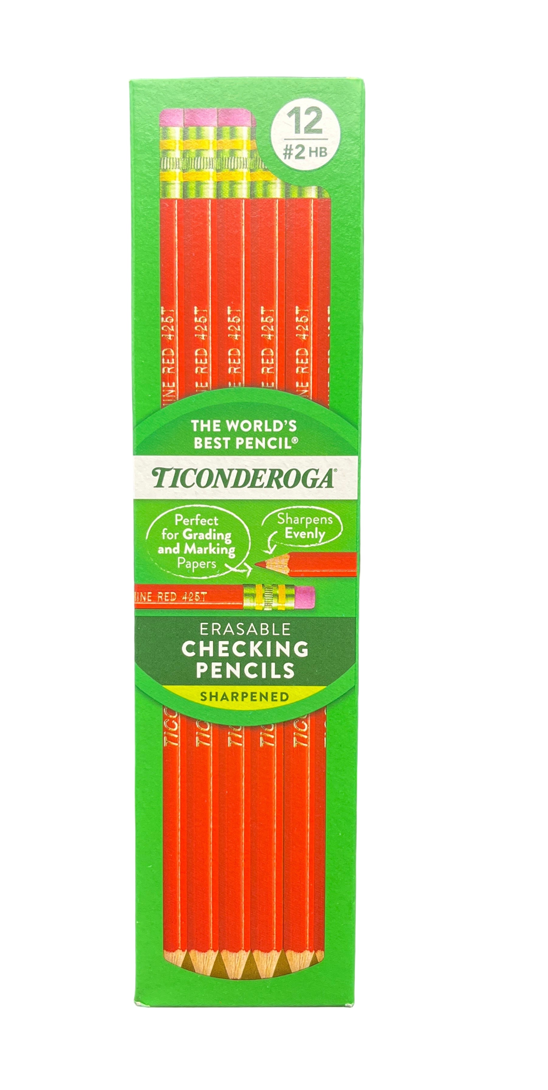 Pack of Ticonderoga erasable checking pencils on a green background