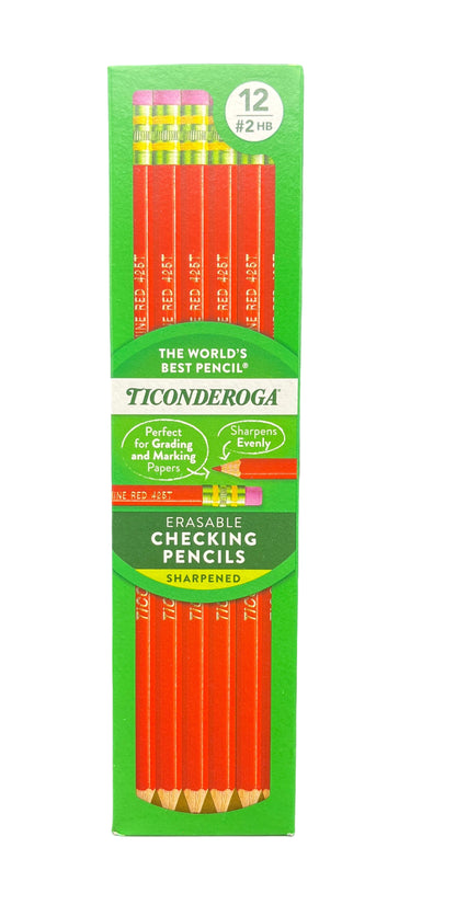 Pack of Ticonderoga erasable checking pencils on a green background
