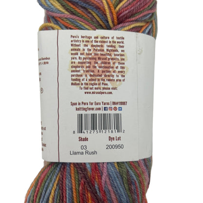 Multicolored skein of yarn with a label on a white background