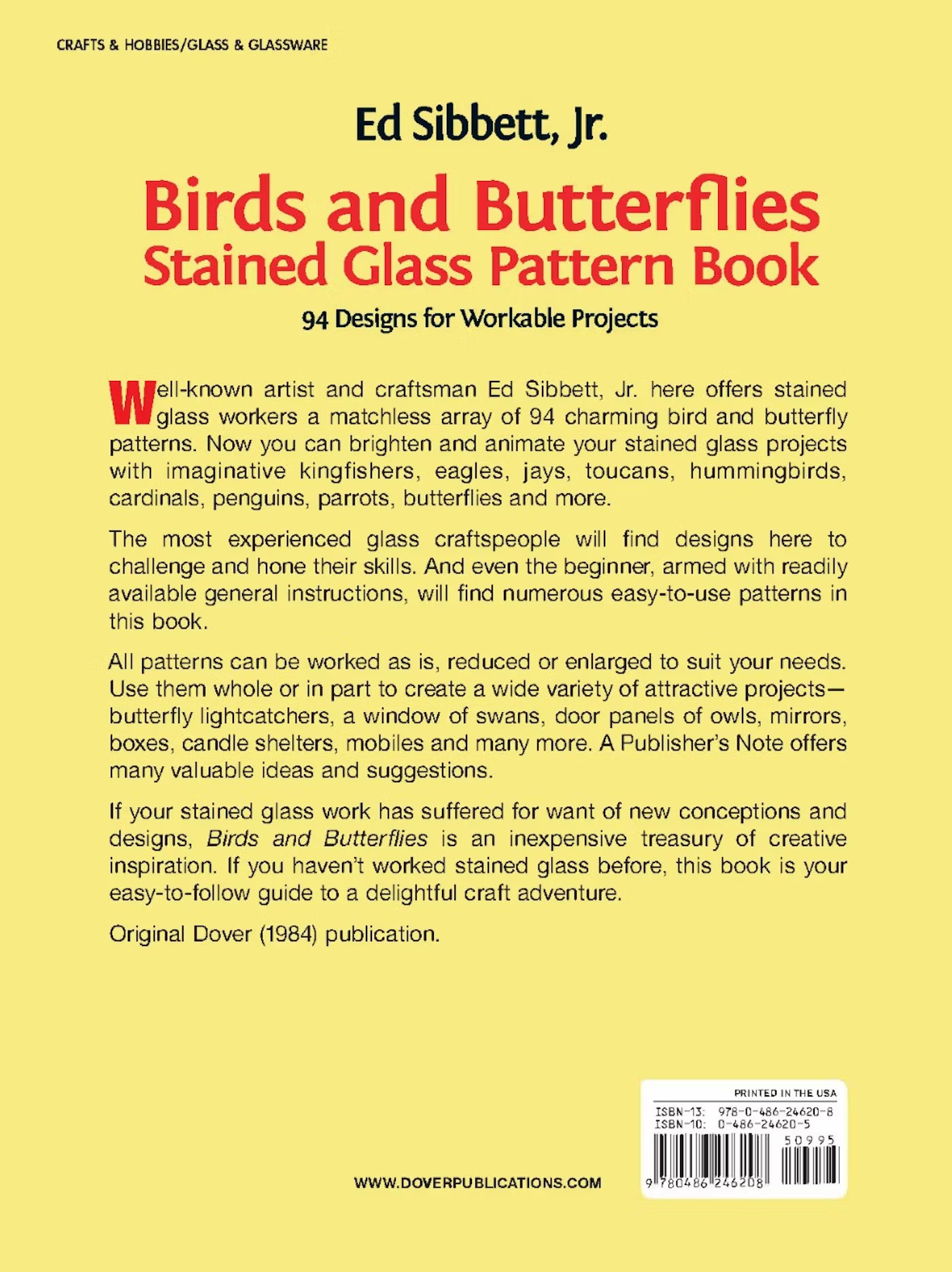 Back cover of 'Birds and Butterflies Stained Glass Pattern Book' by Ed Sibbett, Jr. with yellow background and red text.