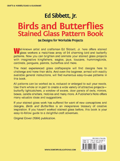 Back cover of 'Birds and Butterflies Stained Glass Pattern Book' by Ed Sibbett, Jr. with yellow background and red text.