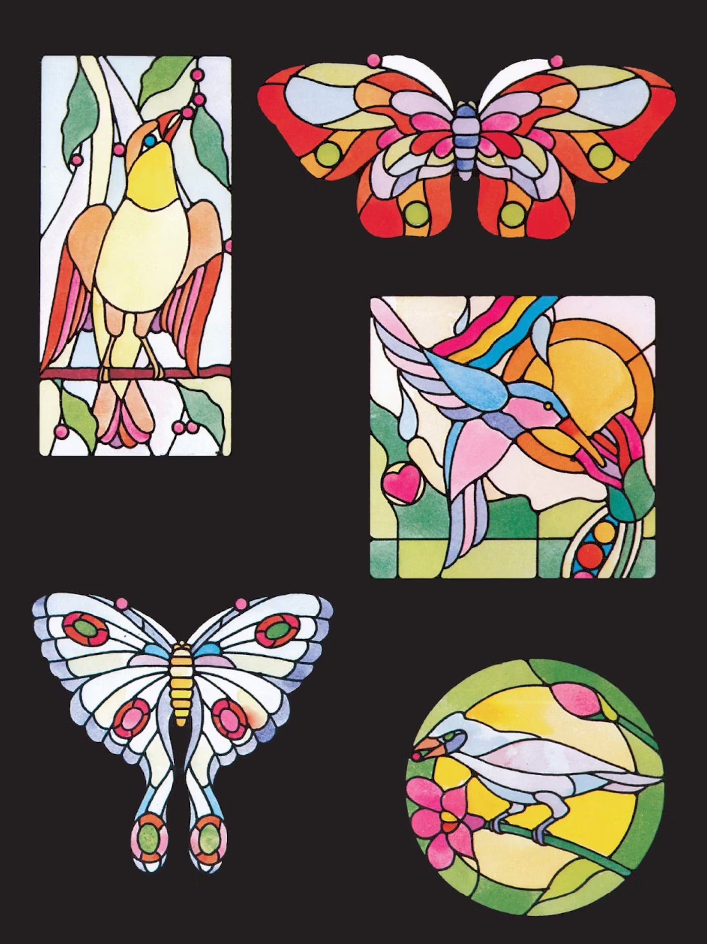 Colorful stained glass-style artwork of birds and butterflies on a black background