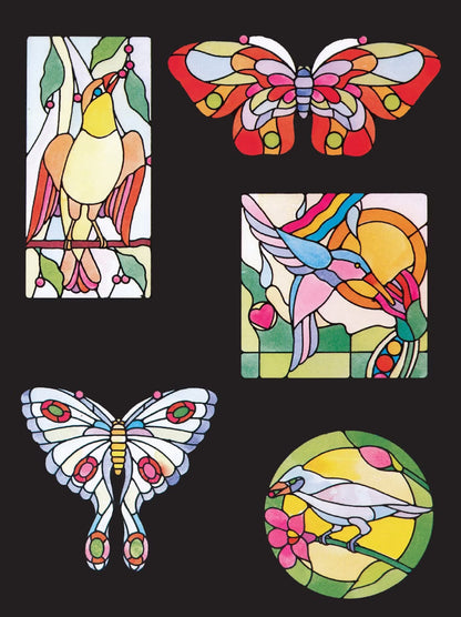 Colorful stained glass-style artwork of birds and butterflies on a black background