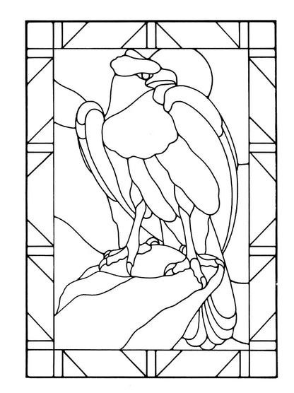 Stylized bird design with geometric patterns in a rectangular frame