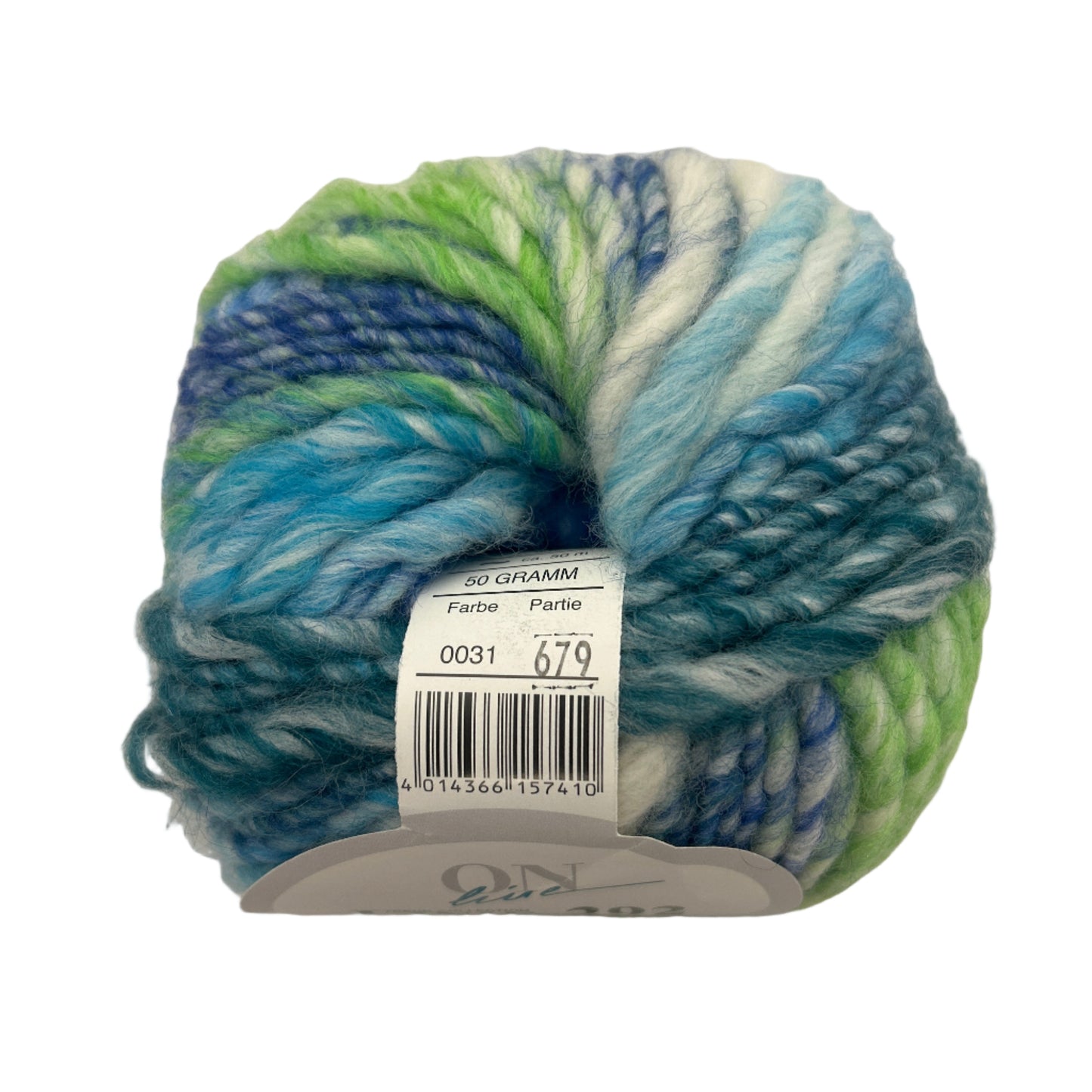 Multicolored yarn ball with a label on a white background