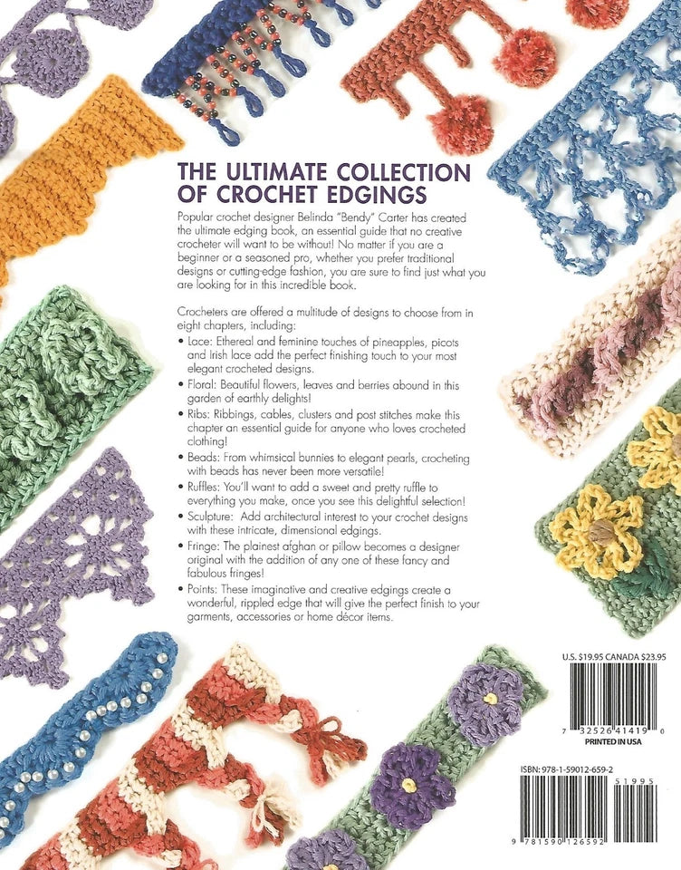 Collection of crochet edgings with text on a white background