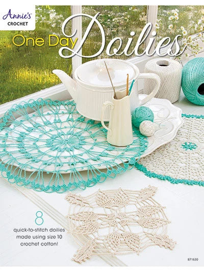 Crochet doilies with teacup and yarn on a table, featuring Annie's Crochet brand.