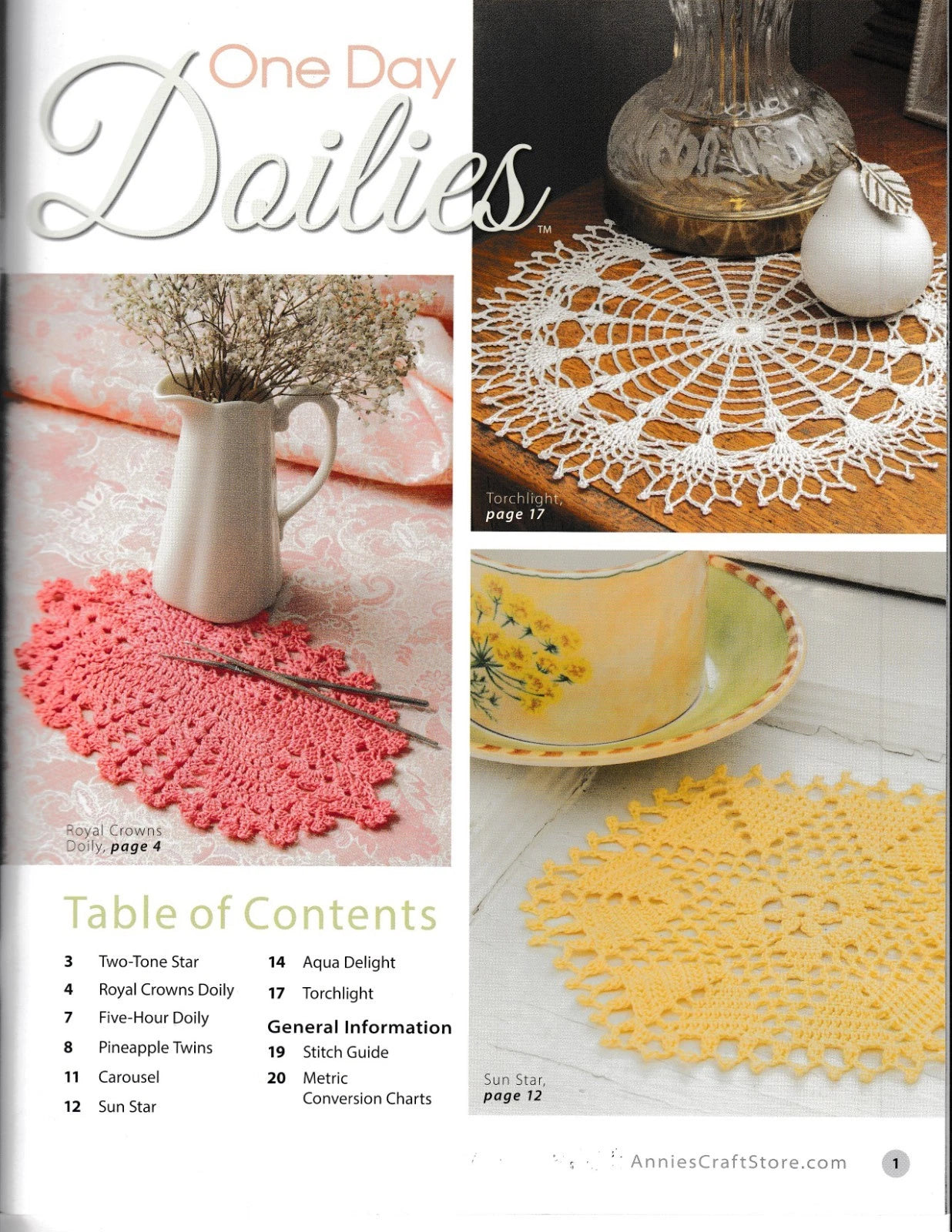 Table of contents for a crochet doily pattern book with images of doilies and a table setting.
