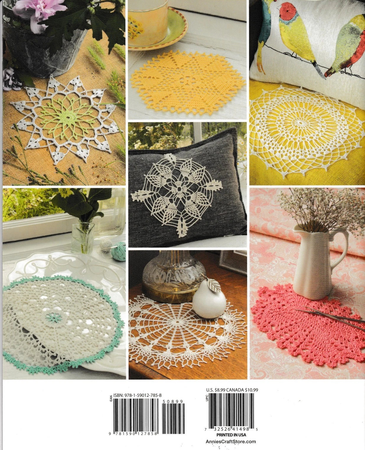 Collage of various crocheted doilies and decorative items with a visible barcode.