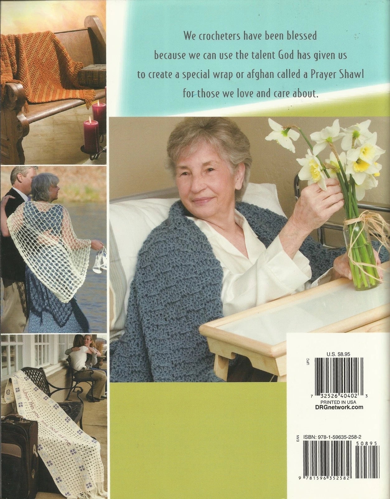 Back cover of a book featuring an elderly woman with a prayer shawl and images of people using prayer shawls.