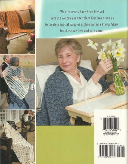 Back cover of a book featuring an elderly woman with a prayer shawl and images of people using prayer shawls.