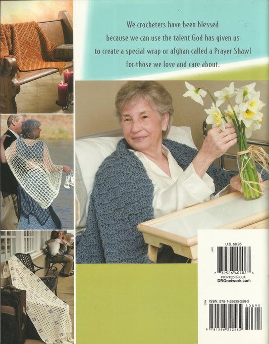 Back cover of a book featuring an elderly woman with a prayer shawl and images of people using prayer shawls.