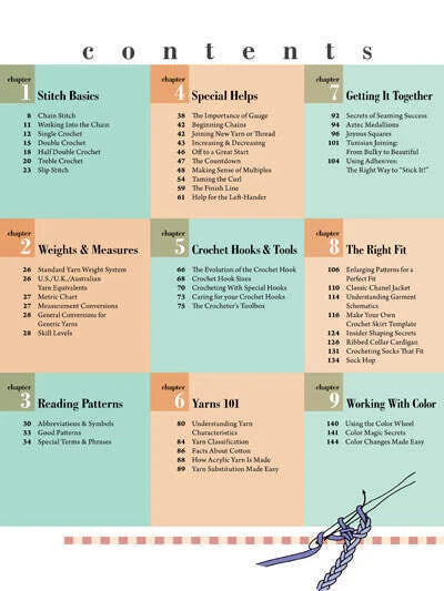 Table of contents for a crochet book with colorful sections and a crochet hook illustration.