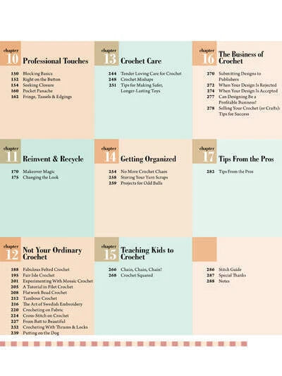 Table of contents for a crochet book with chapter titles and page numbers.