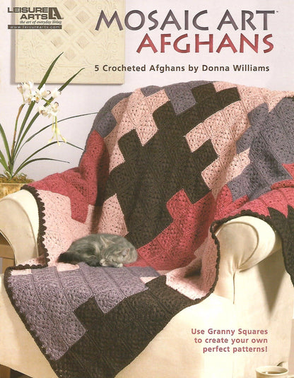 Book cover of 'Mosaic Art Afghans' by Donna Williams featuring a crocheted afghan on a chair.